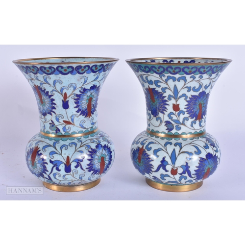 425 - A PAIR OF EARLY 20TH CENTURY CHINESE CLOISONNE ENAMEL ZHADOU VASES Late Qing. 13 cm high.