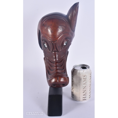 428 - AN UNUSUAL 19TH CENTURY CHINESE CARVED HARDWOOD WILD BOAR HEAD Qing. 32 cm x 10 cm.