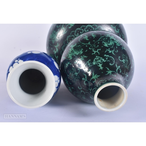 430 - A 19TH CENTURY CHINESE BLUE AND WHITE PORCELAIN PRUNUS VASE Kangxi style, together with a famille no... 