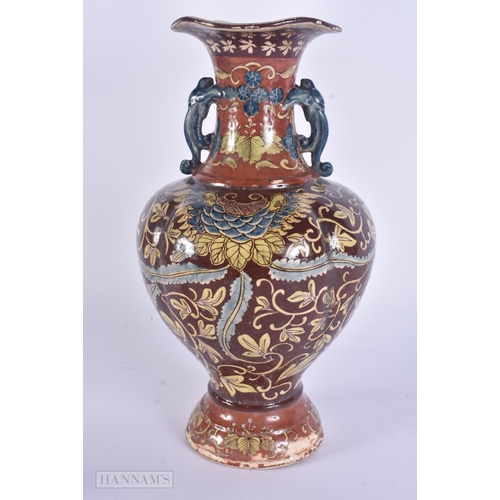 432 - A RARE 19TH CENTURY JAPANESE MEIJI PERIOD TWIN HANDLED SATSUMA TYPE VASE painted with flowers. 32 cm... 