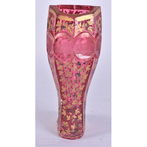 436 - A RARE 19TH BOHEMIAN RUBY AND GILDED GLASS BOOT engraved with monuments. 17.5 cm high.