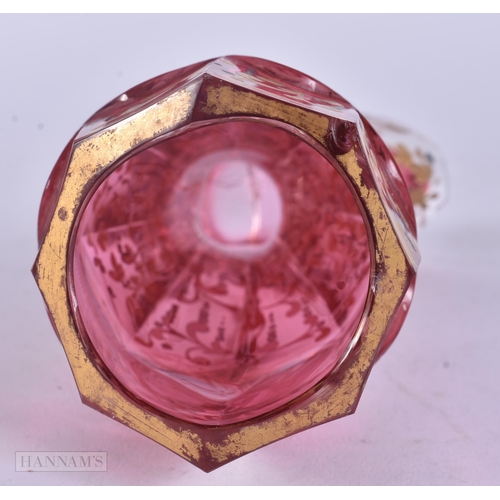 436 - A RARE 19TH BOHEMIAN RUBY AND GILDED GLASS BOOT engraved with monuments. 17.5 cm high.