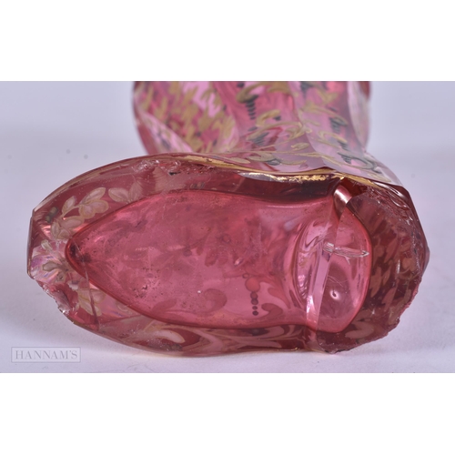 436 - A RARE 19TH BOHEMIAN RUBY AND GILDED GLASS BOOT engraved with monuments. 17.5 cm high.