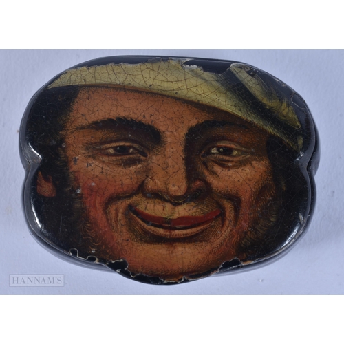 438 - AN UNUSUAL EARLY VICTORIAN PAPIER MACHE PORTRAIT SNUFF BOX. 5.5 cm x 4.25 cm.
