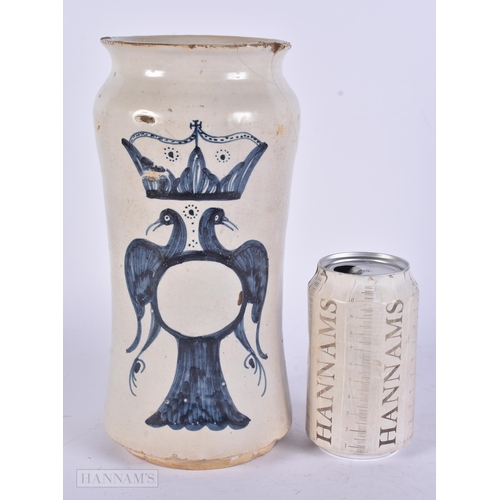 440 - AN UNUSUAL 18TH CENTURY CONTINENTAL DELFT BLUE AND WHITE TIN GLAZED JAR painted with opposing birds.... 