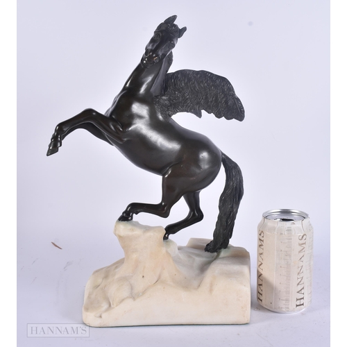 443 - A RARE 19TH CENTURY EUROPEAN BRONZE FIGURE OF A WINGED HORSE modelled upon a marble base. 35 cm x 18... 