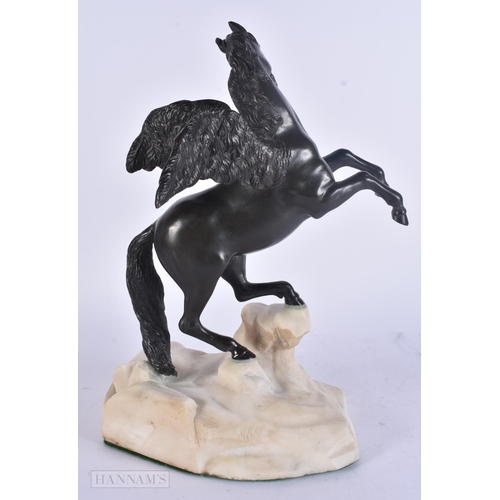 443 - A RARE 19TH CENTURY EUROPEAN BRONZE FIGURE OF A WINGED HORSE modelled upon a marble base. 35 cm x 18... 