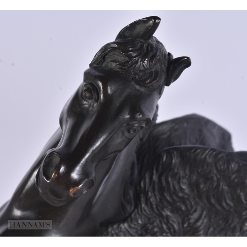 443 - A RARE 19TH CENTURY EUROPEAN BRONZE FIGURE OF A WINGED HORSE modelled upon a marble base. 35 cm x 18... 