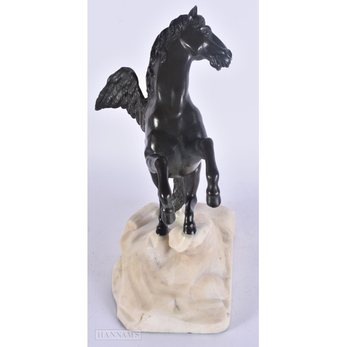 443 - A RARE 19TH CENTURY EUROPEAN BRONZE FIGURE OF A WINGED HORSE modelled upon a marble base. 35 cm x 18... 