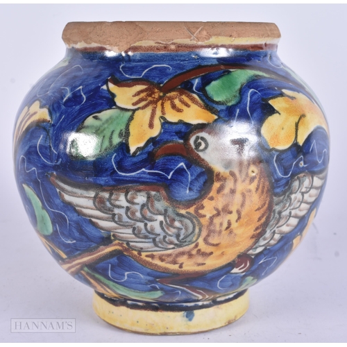 446 - AN ANTIQUE ITALIAN MAJOLICA BIRD JARLET painted with flowers. 15 cm x 13 cm.