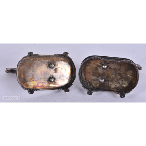 451 - A PAIR OF ANTIQUE CONTINENTAL SILVER HORSES. 294 grams. 11 cm x 9 cm.