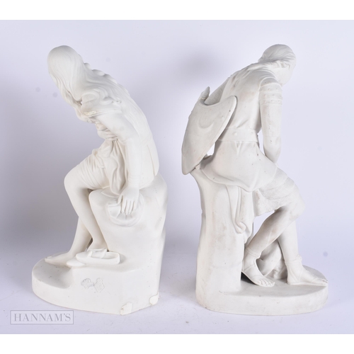 469 - A LARGE PAIR OF ANTIQUE PARIAN WARE FIGURES. 34 cm high.