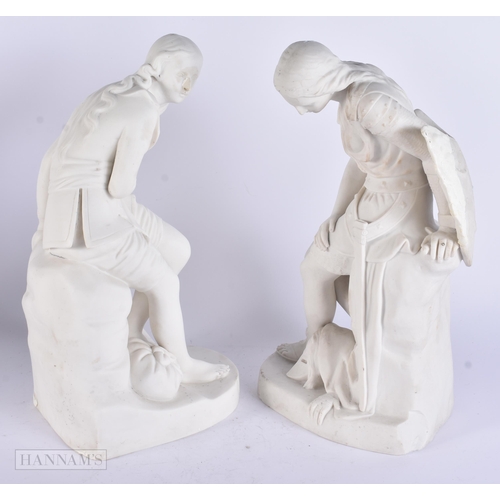469 - A LARGE PAIR OF ANTIQUE PARIAN WARE FIGURES. 34 cm high.