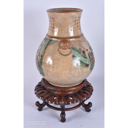 470 - A LARGE 19TH CENTURY CHINESE CRACKLE GLAZED FAMILLE VERTE VASE Qing. 34 cm x 15 cm.