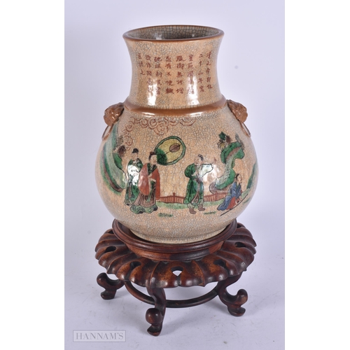 470 - A LARGE 19TH CENTURY CHINESE CRACKLE GLAZED FAMILLE VERTE VASE Qing. 34 cm x 15 cm.
