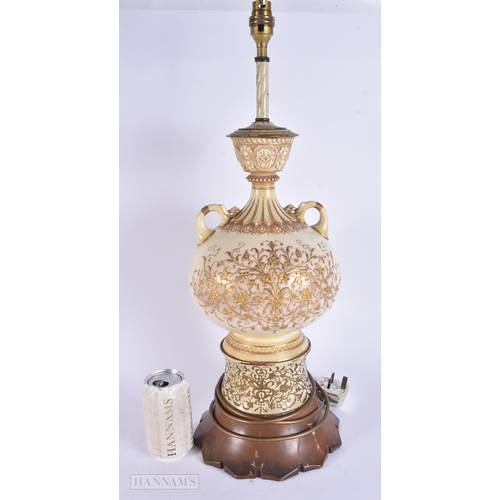 471 - A LARGE 19TH CENTURY BLUSH IVORY PORCELAIN RAISED GILDED LAMP possibly Worcester. 58 cm high.