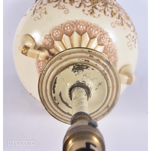 471 - A LARGE 19TH CENTURY BLUSH IVORY PORCELAIN RAISED GILDED LAMP possibly Worcester. 58 cm high.