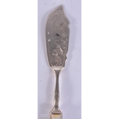 472 - A VICTORIAN IRISH SILVER AND MOTHER OF PEARL KNIFE. Dublin 1868. 49 grams. 20 cm long.  WE ARE UNABL... 