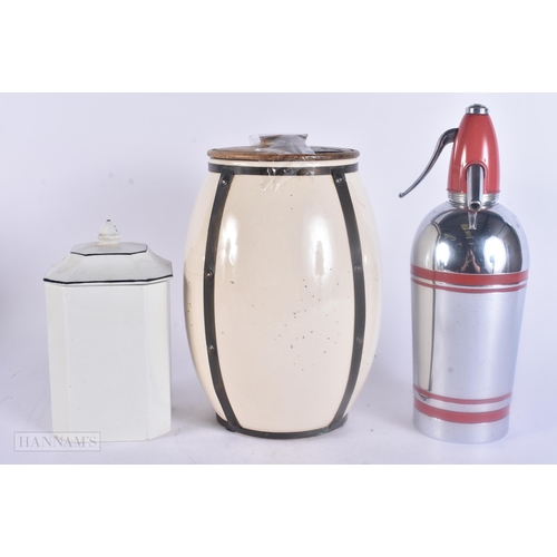 484 - A VINTAGE WEIL POTTERY KITCHEN JAR together with a soda syphon & another Lentil jar. Largest 29 cm h... 