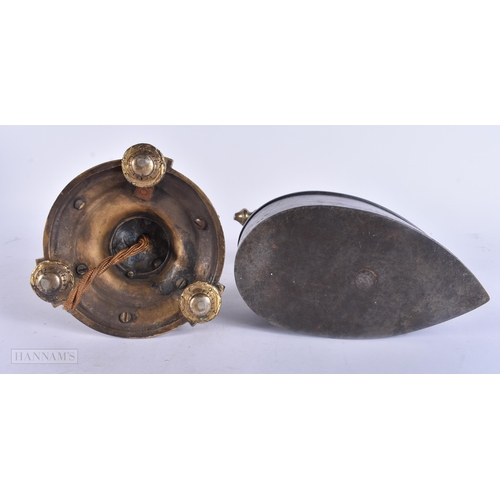 488 - AN ANTIQUE IRON together with a French bronze candlestick lamp. Largest 26.5 cm high. (2)