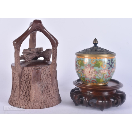 494 - A CHINESE SOAPSTONE TEAPOT AND COVER together with a cloisonne enamel censer on stand. (3)