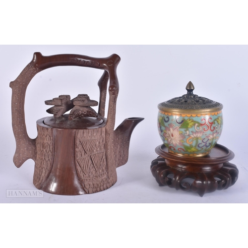 494 - A CHINESE SOAPSTONE TEAPOT AND COVER together with a cloisonne enamel censer on stand. (3)