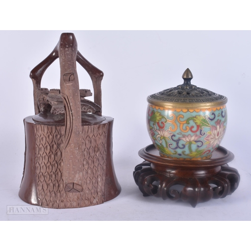 494 - A CHINESE SOAPSTONE TEAPOT AND COVER together with a cloisonne enamel censer on stand. (3)