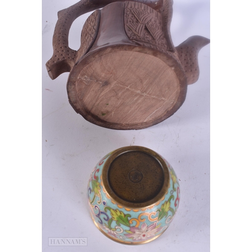 494 - A CHINESE SOAPSTONE TEAPOT AND COVER together with a cloisonne enamel censer on stand. (3)