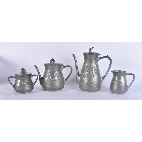 495 - AN ART NOUVEAU SILBERZINN PEWTER TEASET ON TRAY. Largest 44 cm x 40 cm. (5)