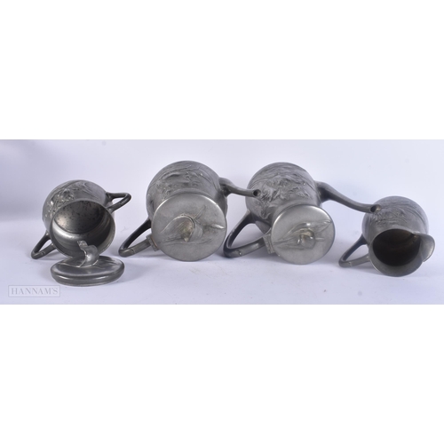 495 - AN ART NOUVEAU SILBERZINN PEWTER TEASET ON TRAY. Largest 44 cm x 40 cm. (5)