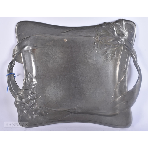 495 - AN ART NOUVEAU SILBERZINN PEWTER TEASET ON TRAY. Largest 44 cm x 40 cm. (5)