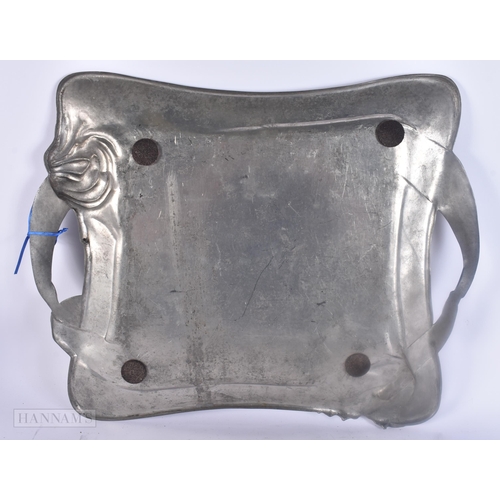495 - AN ART NOUVEAU SILBERZINN PEWTER TEASET ON TRAY. Largest 44 cm x 40 cm. (5)