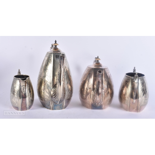 500 - A VICTORIAN AESTHETIC MOVEMENT DRESSER STYLE SILVER PLATED TEASET. Largest 24 cm x 21 cm. (4)