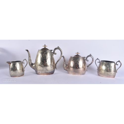 500 - A VICTORIAN AESTHETIC MOVEMENT DRESSER STYLE SILVER PLATED TEASET. Largest 24 cm x 21 cm. (4)