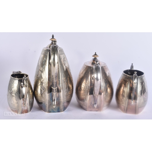 500 - A VICTORIAN AESTHETIC MOVEMENT DRESSER STYLE SILVER PLATED TEASET. Largest 24 cm x 21 cm. (4)