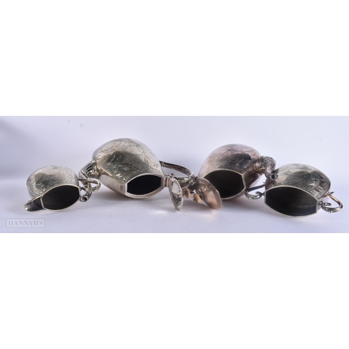 500 - A VICTORIAN AESTHETIC MOVEMENT DRESSER STYLE SILVER PLATED TEASET. Largest 24 cm x 21 cm. (4)