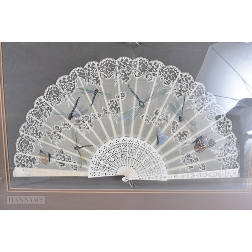 501 - A FRAMED PAIR OF VICTORIAN LACE FANS. 68 cm x 60 cm.