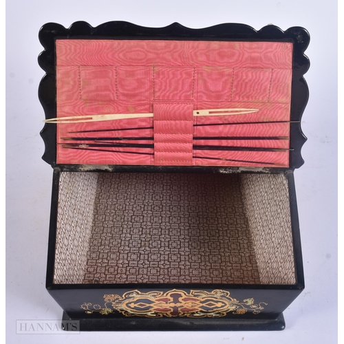 520 - A VICTORIAN BLACK LACQUER PAPIER MACHE BASKET BOX inlaid with flowers. 28 cm x 20 cm.