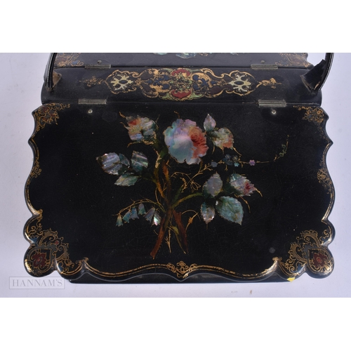 520 - A VICTORIAN BLACK LACQUER PAPIER MACHE BASKET BOX inlaid with flowers. 28 cm x 20 cm.