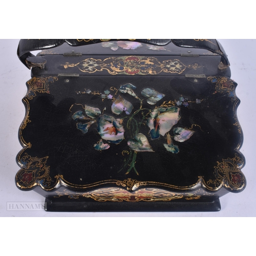 520 - A VICTORIAN BLACK LACQUER PAPIER MACHE BASKET BOX inlaid with flowers. 28 cm x 20 cm.