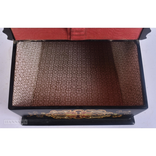 520 - A VICTORIAN BLACK LACQUER PAPIER MACHE BASKET BOX inlaid with flowers. 28 cm x 20 cm.