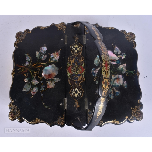 520 - A VICTORIAN BLACK LACQUER PAPIER MACHE BASKET BOX inlaid with flowers. 28 cm x 20 cm.