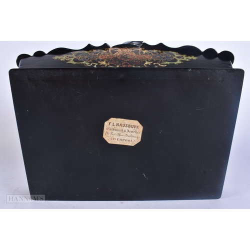 520 - A VICTORIAN BLACK LACQUER PAPIER MACHE BASKET BOX inlaid with flowers. 28 cm x 20 cm.