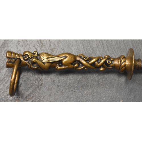 525 - A FINE AND LARGE PAIR OF 18TH CENTURY BRONZE AND STEEL FIRESIDE TOOLS. 90 cm long.