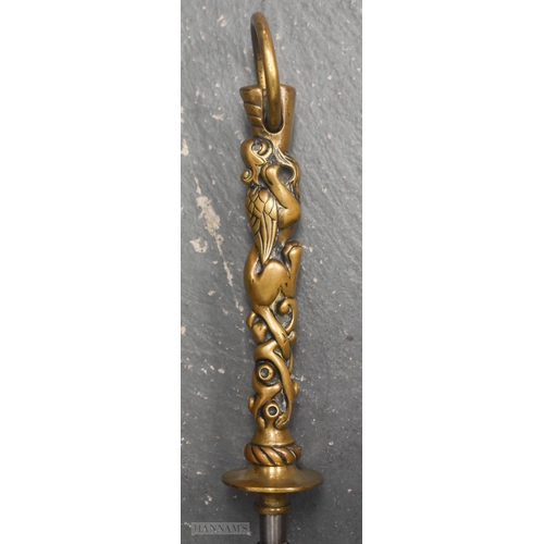 525 - A FINE AND LARGE PAIR OF 18TH CENTURY BRONZE AND STEEL FIRESIDE TOOLS. 90 cm long.