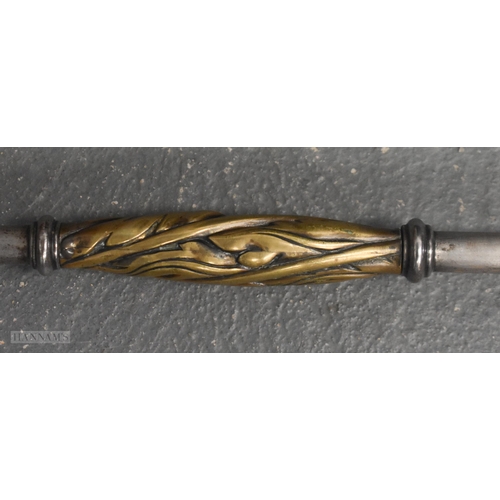 525 - A FINE AND LARGE PAIR OF 18TH CENTURY BRONZE AND STEEL FIRESIDE TOOLS. 90 cm long.