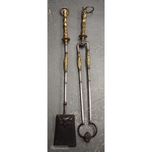 525 - A FINE AND LARGE PAIR OF 18TH CENTURY BRONZE AND STEEL FIRESIDE TOOLS. 90 cm long.