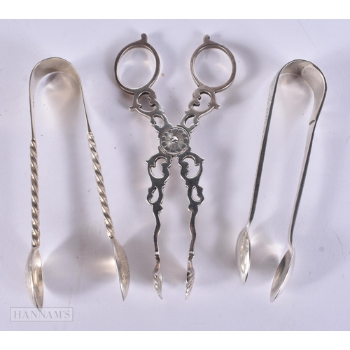 892 - THREE PAIRS OF ANTIQUE SILVER SUGAR TONGS. 80 grams. 9.5 cm long. (3)