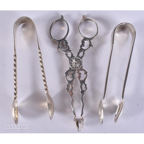892 - THREE PAIRS OF ANTIQUE SILVER SUGAR TONGS. 80 grams. 9.5 cm long. (3)