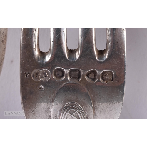 894 - A FINE VICTORIAN SILVER FORK AND SPOON together with a silver fork. 139 grams. Largest 14.5 cm long.... 